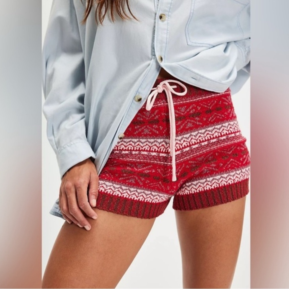 Free People Holly Fairisle Knit Winter Shorts Red and White Size: Large